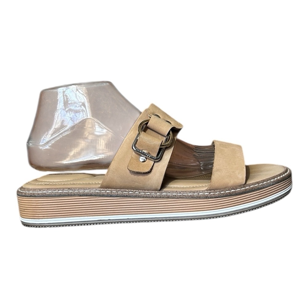 HUSH PUPPIES Tan Leather Sandal Slides sz 9.5M Flats Neutral Comfort Resortwear - Picture 3 of 9